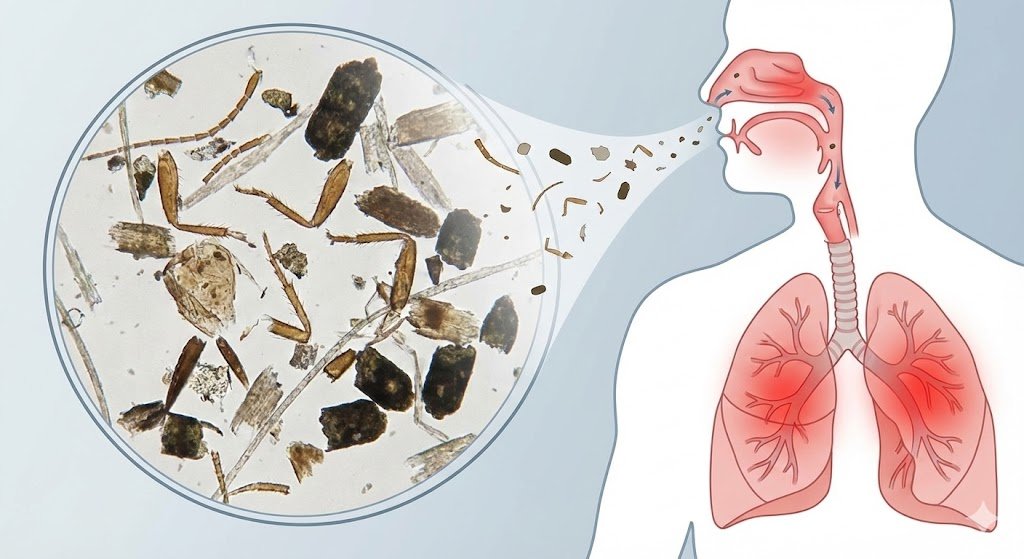 Illustration médicale montrant des particules microscopiques de cafard inhalées et provoquant une inflammation des poumons (asthme).