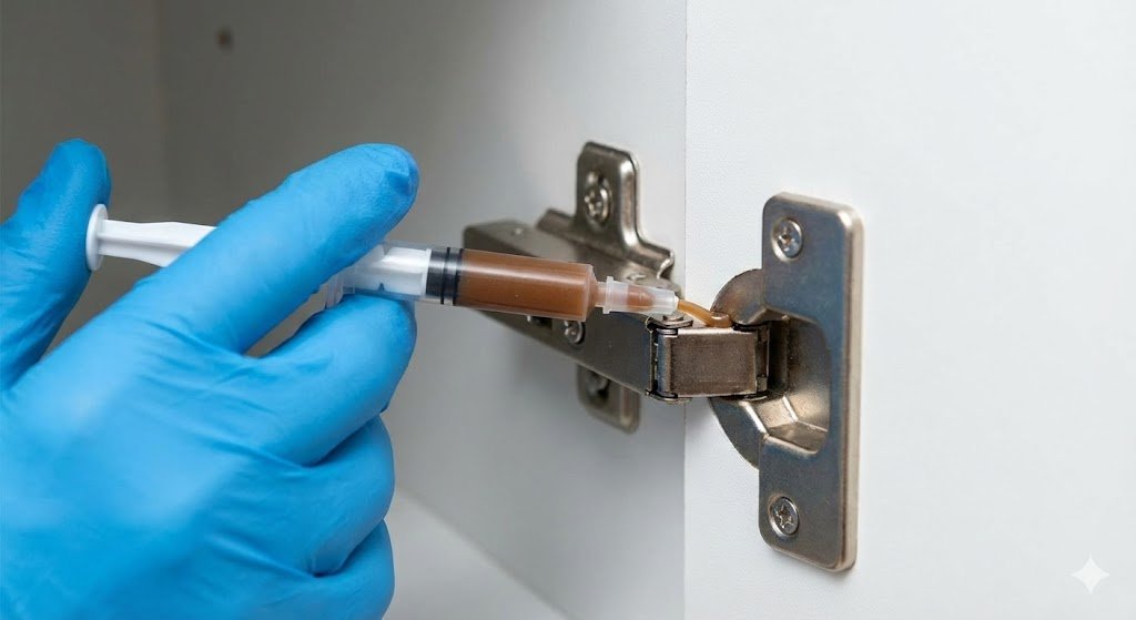 Application précise d'une petite goutte de gel anti-cafard professionnel avec une seringue dans une charnière de placard de cuisine.