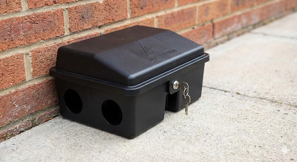 Boîte d'appâtage noire sécurisée pour rats, verrouillée avec une clé, posée le long d'un mur en briques extérieur.