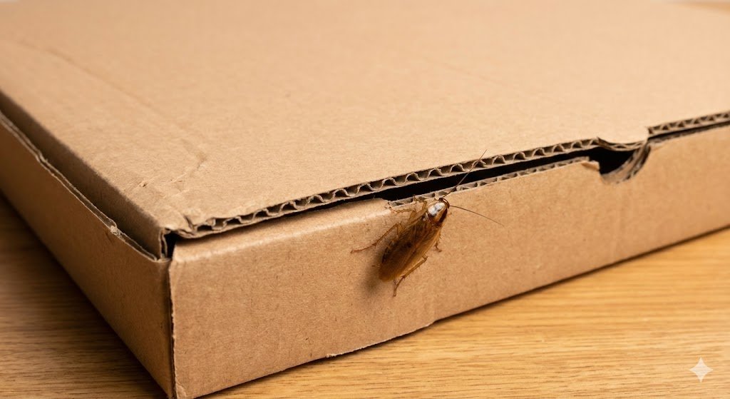 Cafard sortant discrètement de la cannelure d'un carton de livraison posé sur une table en bois.