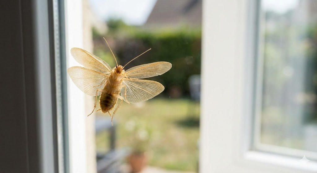 Un cafard de jardin (Ectobius) en train de voler avec les ailes déployées près d'une fenêtre ensoleillée.