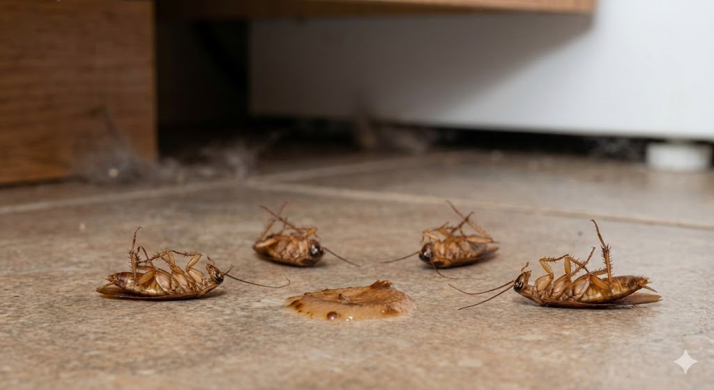 Plusieurs cafards morts sur le dos près d'un point de gel sec sous un meuble, illustrant l'effet domino du poison.