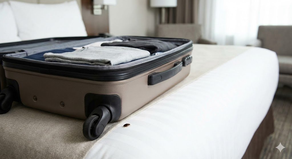 Valise ouverte sur lit hotel cause transmission punaise de lit voyage
