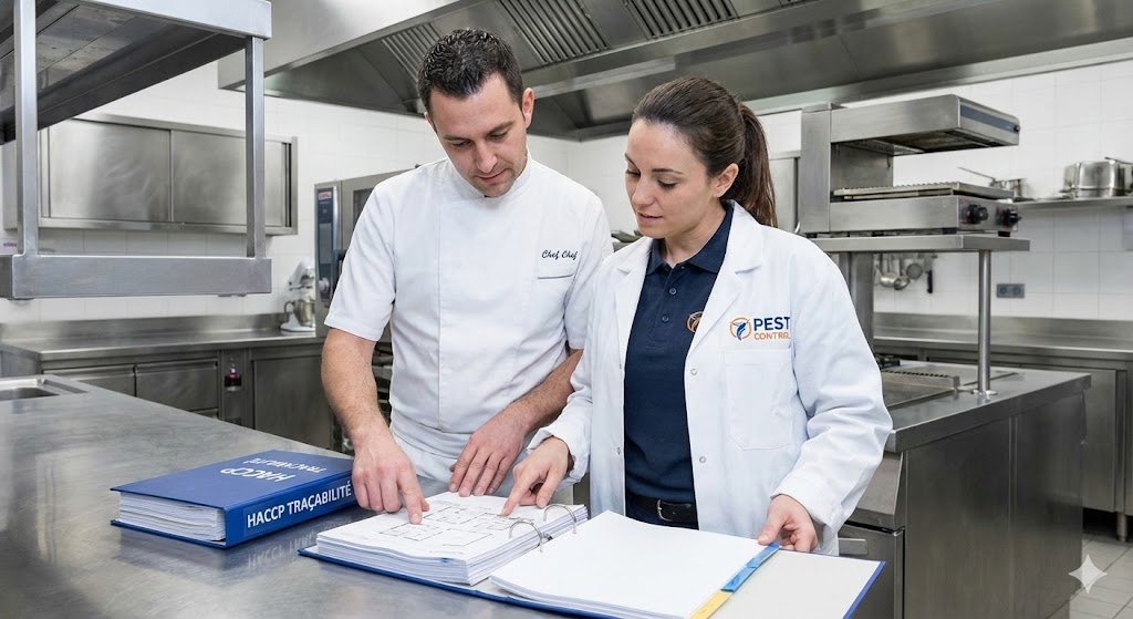 Consultation du classeur de traçabilité HACCP et du plan de sanitation en cuisine professionnelle avant un contrôle sanitaire.