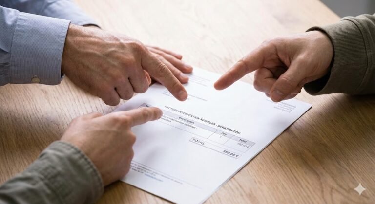 Dispute tendue entre deux personnes pointant du doigt une facture de dératisation de 350€ posée sur une table.