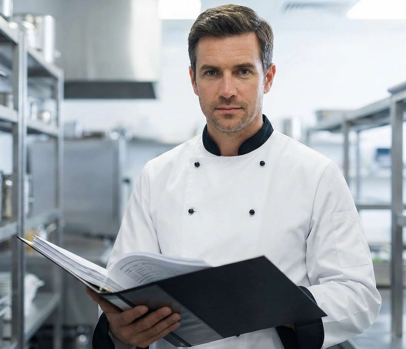 Restaurateur consultant son classeur de traçabilité pour le contrôle nuisibles et l'hygiène HACCP à Paris.