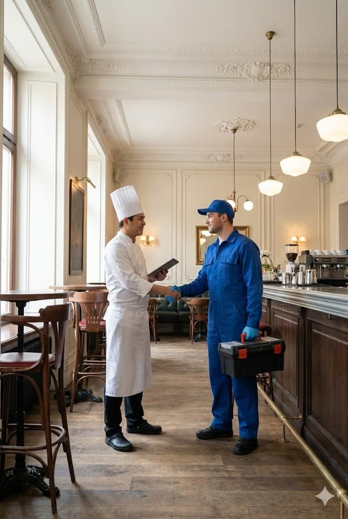 Poignée de main entre un restaurateur et un technicien hygiéniste après une intervention préventive discrète