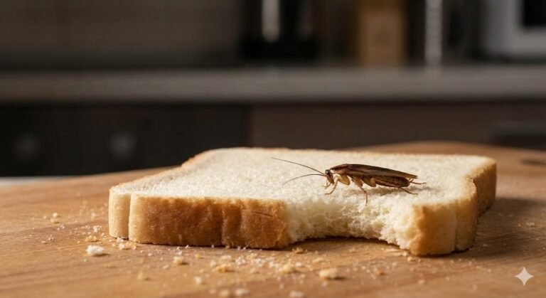 Un cafard germanique marchant sur une tranche de pain de mie posée sur une planche à découper dans une cuisine sombre.