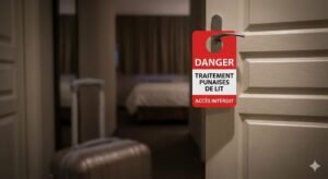 Panneau danger traitement punaise de lit porte chambre avertissement sanitaire