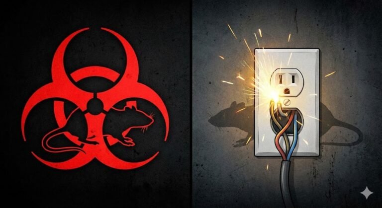 Concept visuel montrant le danger biologique des rats avec un panneau danger et une silhouette de rongeur, ainsi qu'un risque d'incendie électrique.