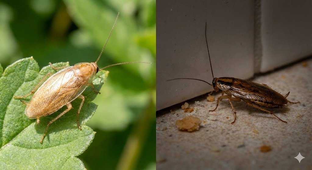 Comparaison visuelle côte à côte entre un Ectobius (cafard de jardin) beige clair sur une feuille et une blatte germanique brune dans une cuisine.