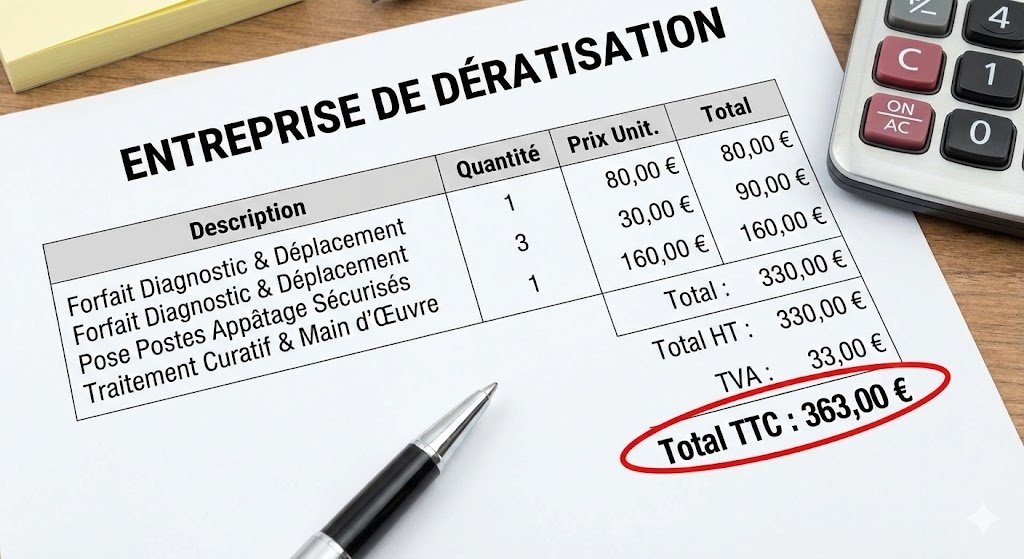 Exemple de facture détaillée et calculée d'une entreprise de dératisation française montrant un montant total de 363,00 € TTC.