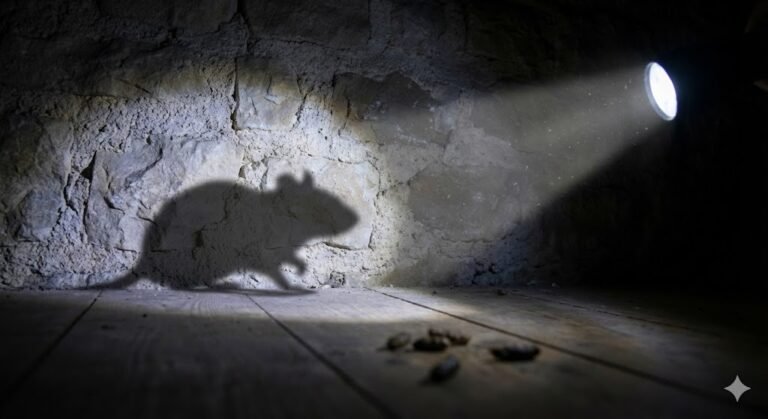 Inspection nocturne lampe torche ombre rat ou souris et crottes grenier France