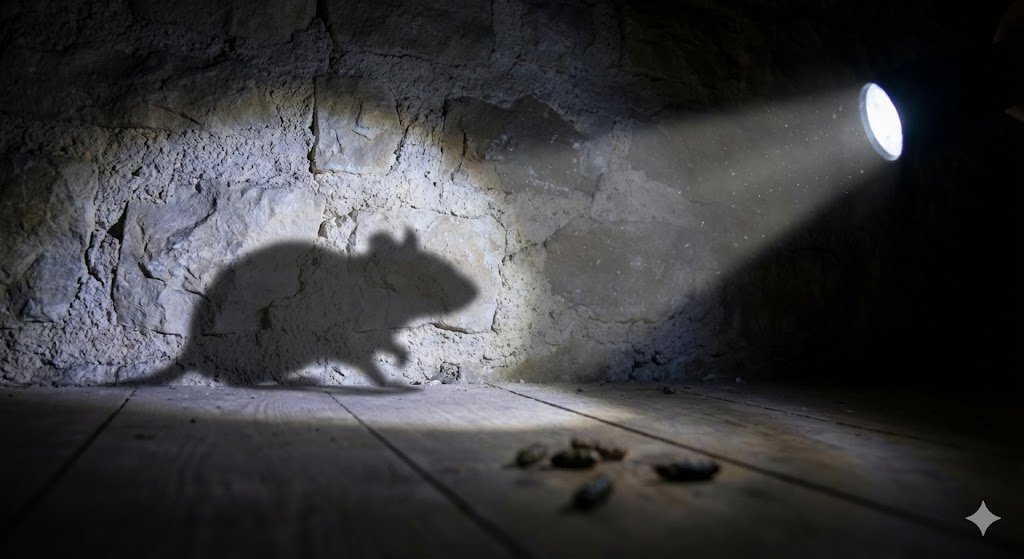 Inspection nocturne lampe torche ombre rat ou souris et crottes grenier France