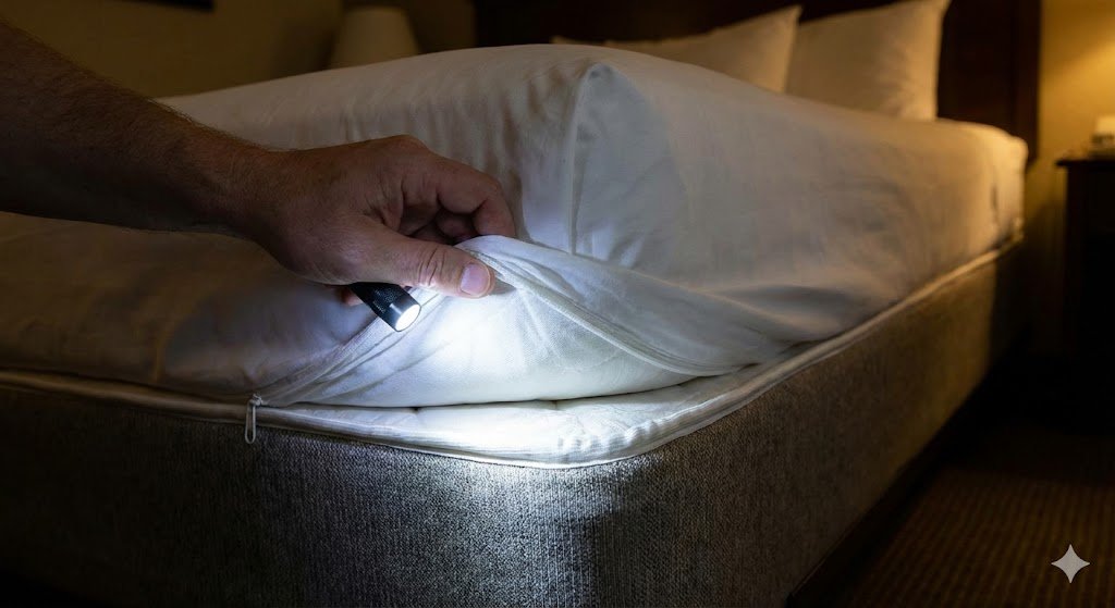 Inspection préventive punaise de lit matelas hotel lampe torche