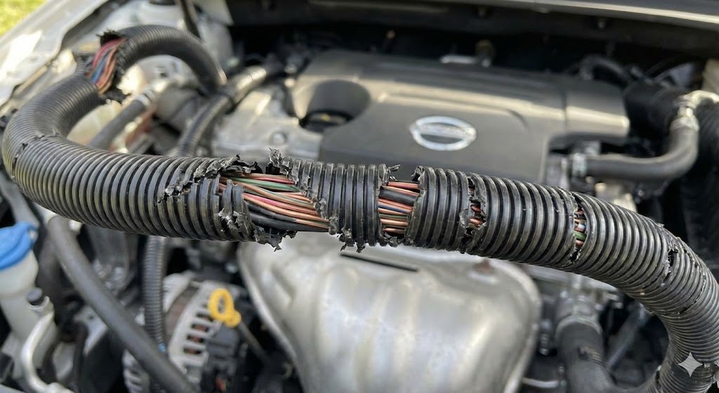 Moteur de voiture moderne avec des câbles électriques rongés et dénudés par des rongeurs.