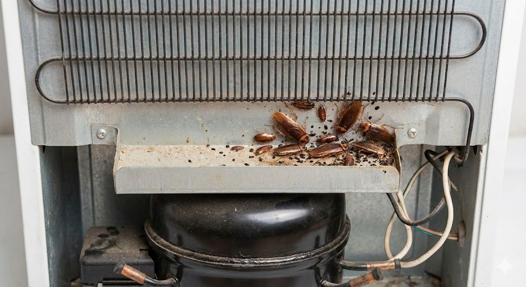 L'arrière d'un réfrigérateur avec un nid de cafards et des déjections près du moteur et du bac de récupération.