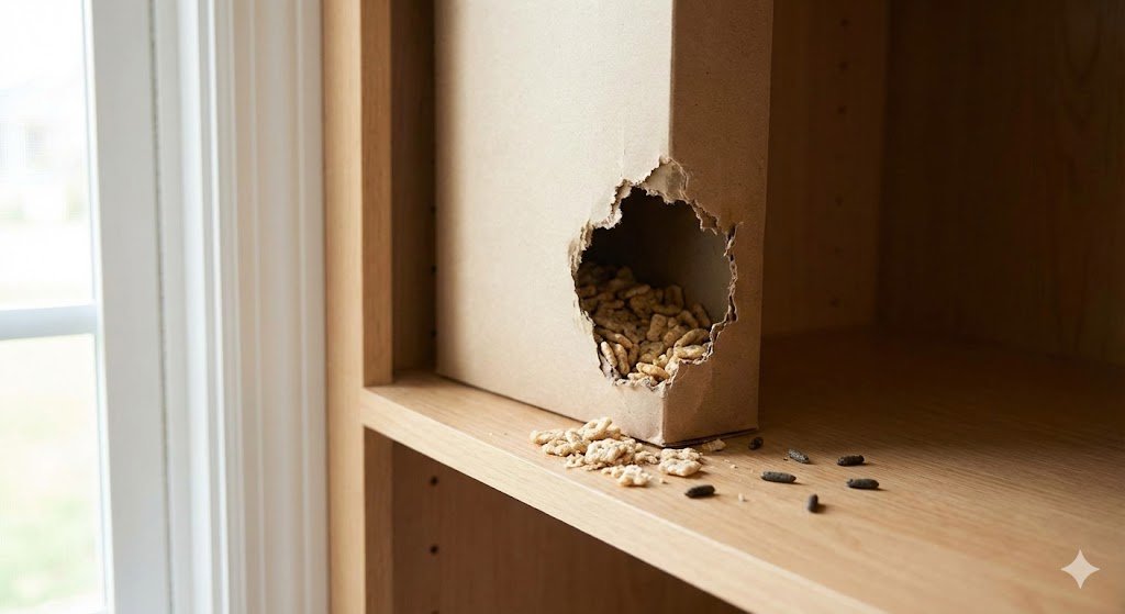Paquet de céréales en carton percé par une souris dans un placard, avec des crottes visibles sur l'étagère.