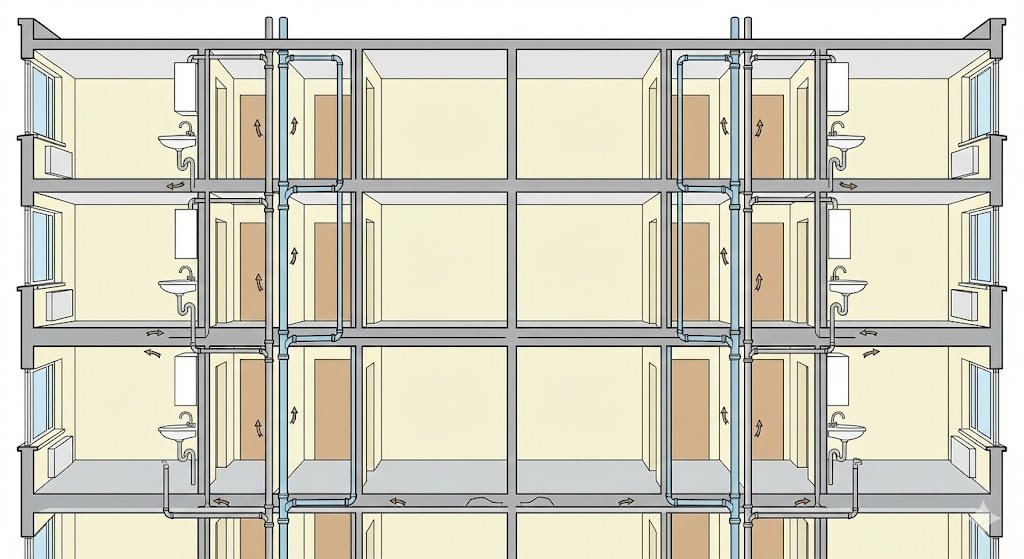 Schéma en coupe d'un immeuble montrant les colonnes de plomberie traversant les étages, illustrant la propagation des cafards entre voisins.
