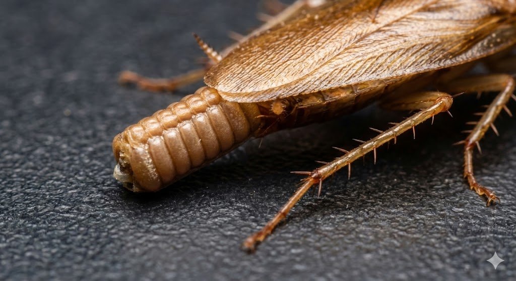 Gros plan sur une oothèque de cafard (capsule d'œufs rectangulaire) dépassant de l'abdomen d'une femelle.