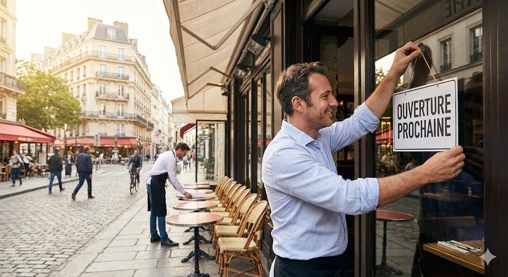 Gérante de restaurant à Paris souriante devant sa vitrine, tenant son dossier de conformité sanitaire et prête pour l'ouverture.