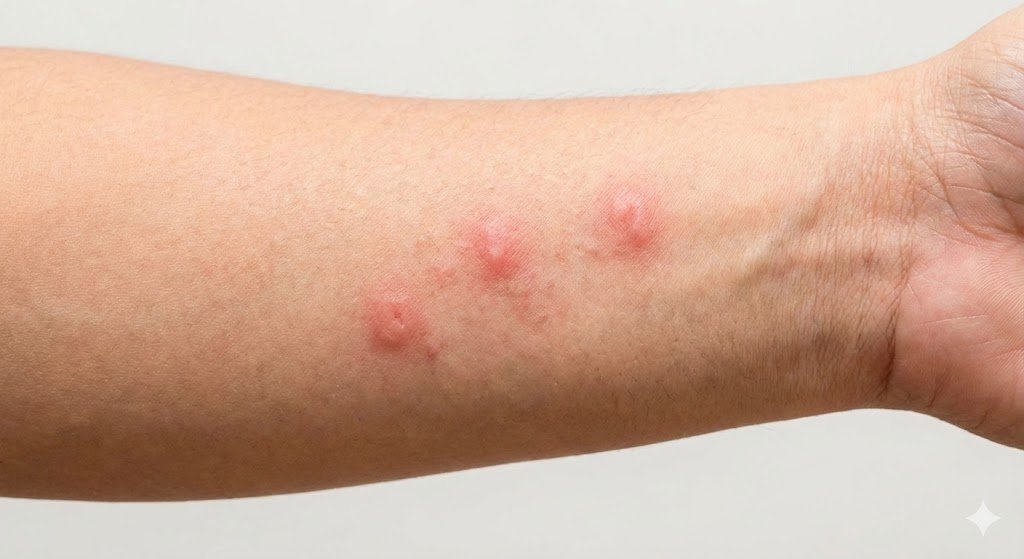 Photo piqure punaise de lit alignement boutons rouges sur peau