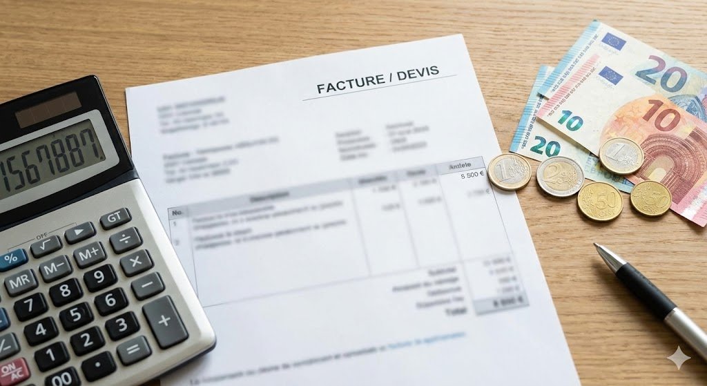 Vue de dessus d'un bureau avec une facture de désinsectisation floutée, une calculatrice et de l'argent (pièces et billets en euros).
