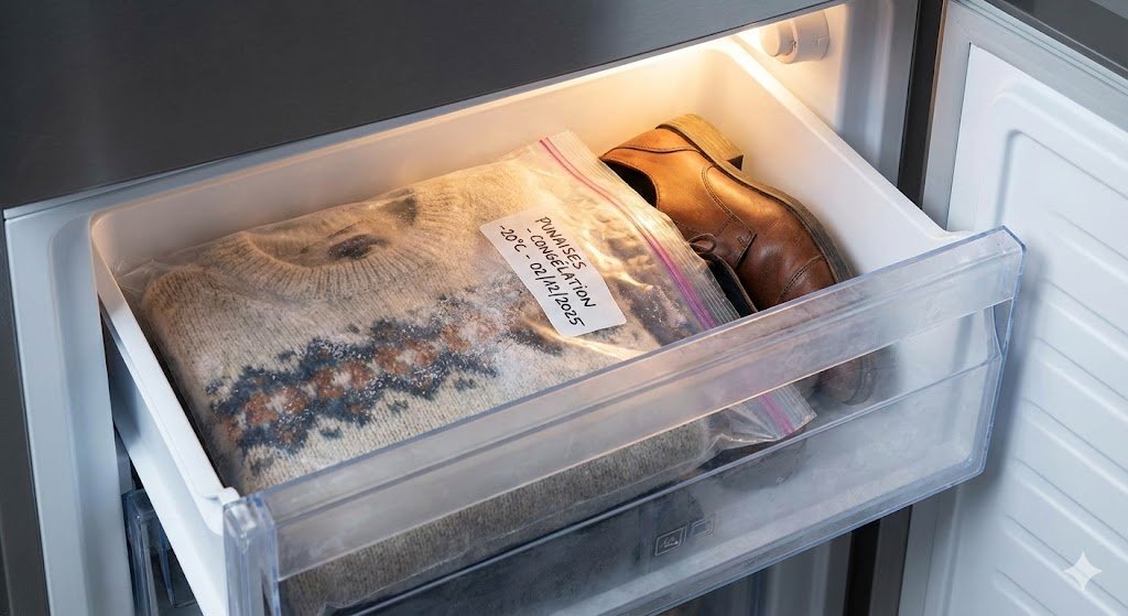 Sac hermetique linge infeste punaise de lit dans le congélateur