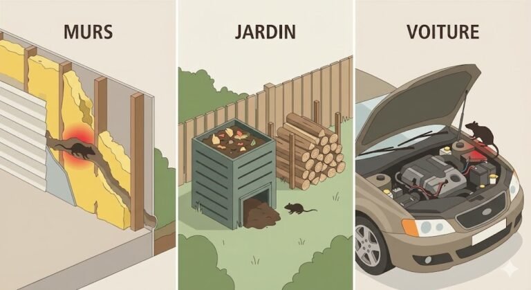 Illustration divisée en trois montrant un rat dans un mur, une souris dans un jardin et un rongeur sur un moteur de voiture.