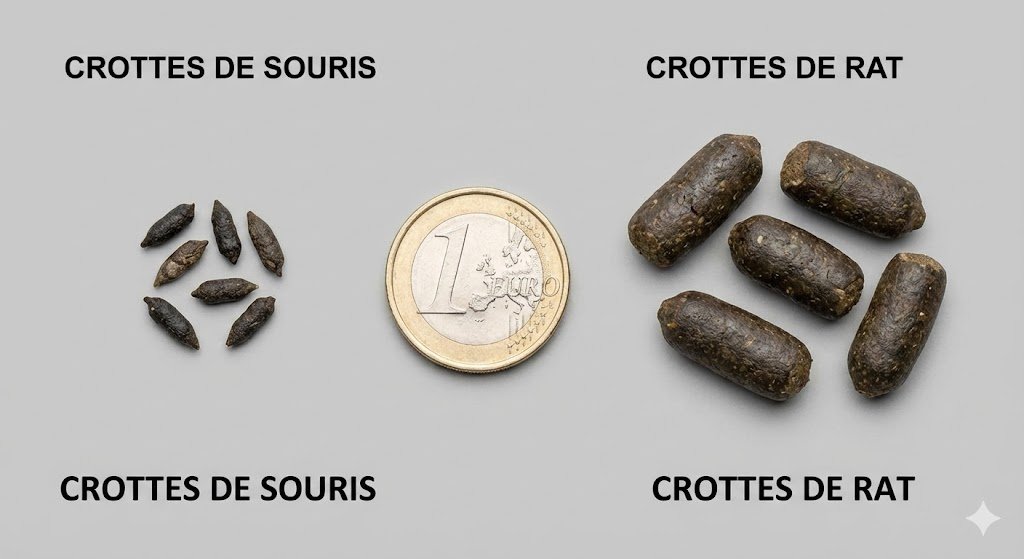 Comparatif crottes de rat et crottes de souris avec pièce de 1 Euro échelle identification traces France
