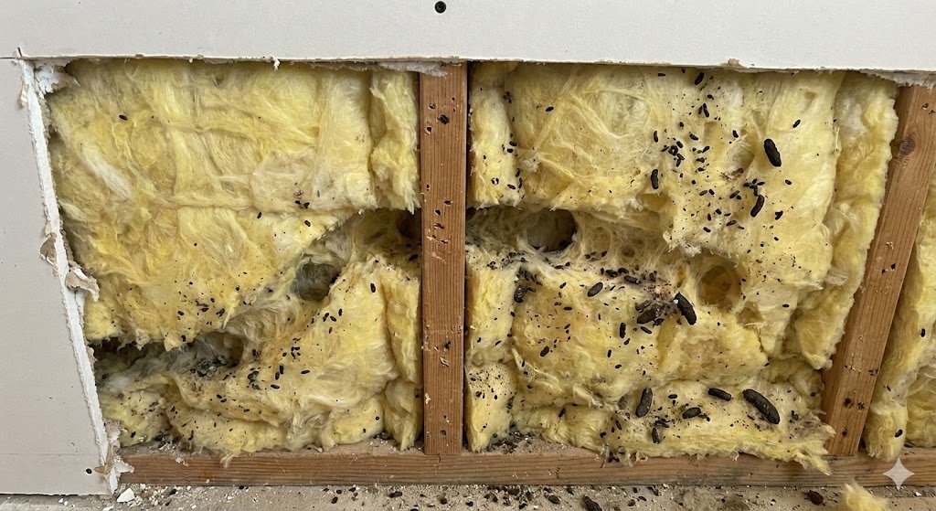 Isolation en laine de verre abîmée par des galeries de souris et rats à l'intérieur d'une cloison sèche ouverte.