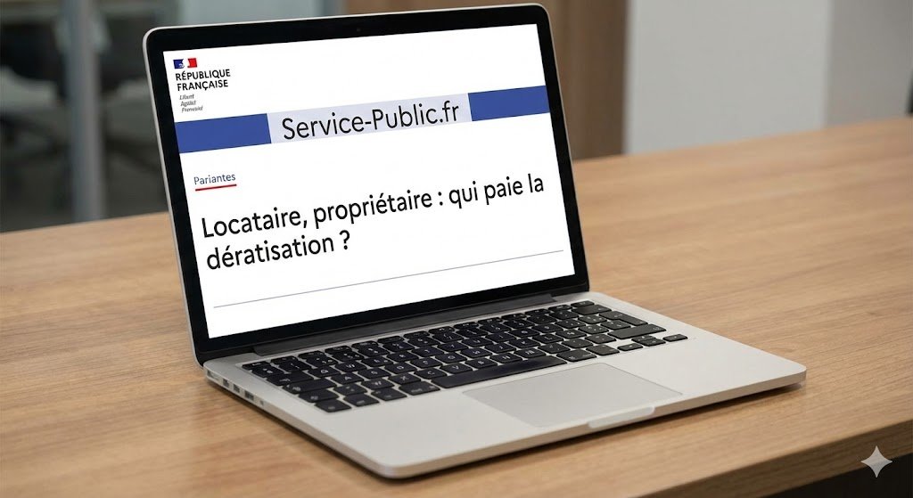 Écran d'ordinateur affichant le site officiel Service-Public.fr sur la page "Locataire, propriétaire : qui paie la dératisation ?".