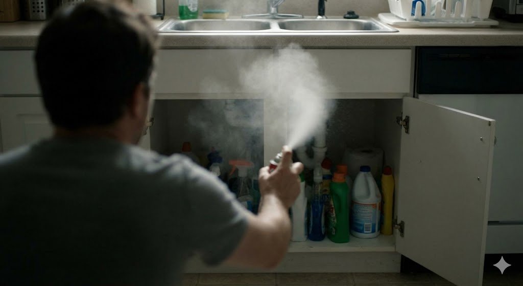 Une personne utilisant une bombe aérosol insecticide sous un évier de cuisine, créant un nuage toxique inefficace.
