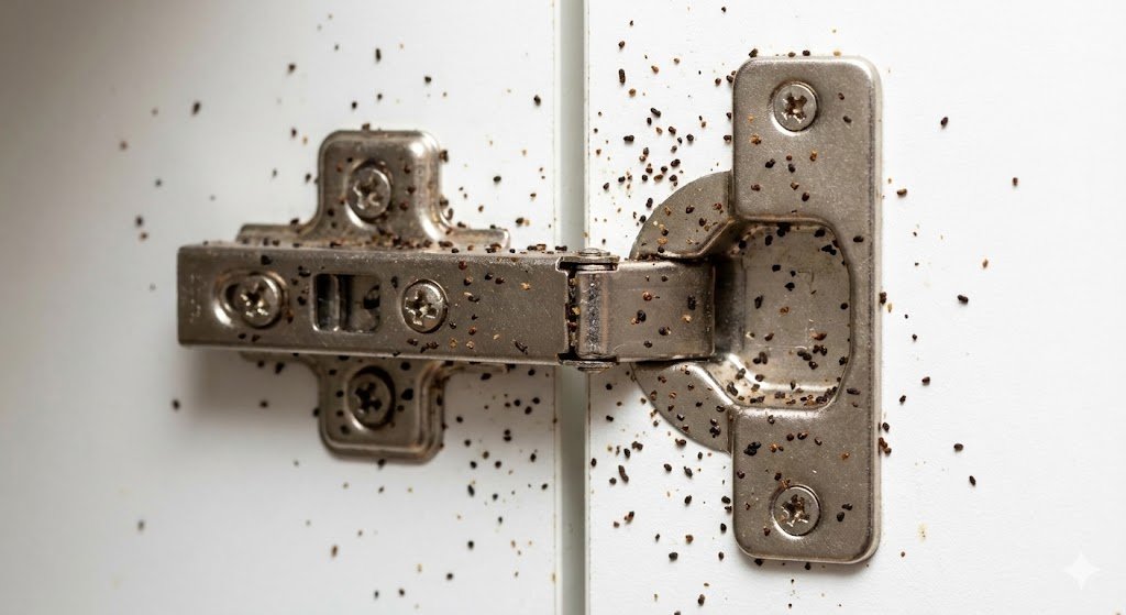 Charnière de placard de cuisine couverte de petits points noirs (crottes de cafard).