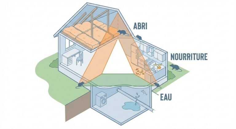 Illustration en coupe d'une maison montrant le triangle de survie qui attire les rats et souris : l'abri dans le grenier, la nourriture dans la cuisine et l'eau au sous-sol.