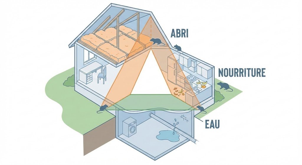 Illustration en coupe d'une maison montrant le triangle de survie qui attire les rats et souris : l'abri dans le grenier, la nourriture dans la cuisine et l'eau au sous-sol.