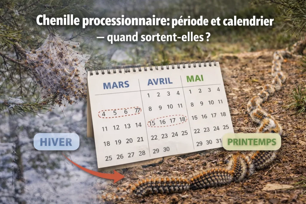 Calendrier de sortie des chenilles processionnaires : nid en hiver et procession au printemps (mars à mai).
