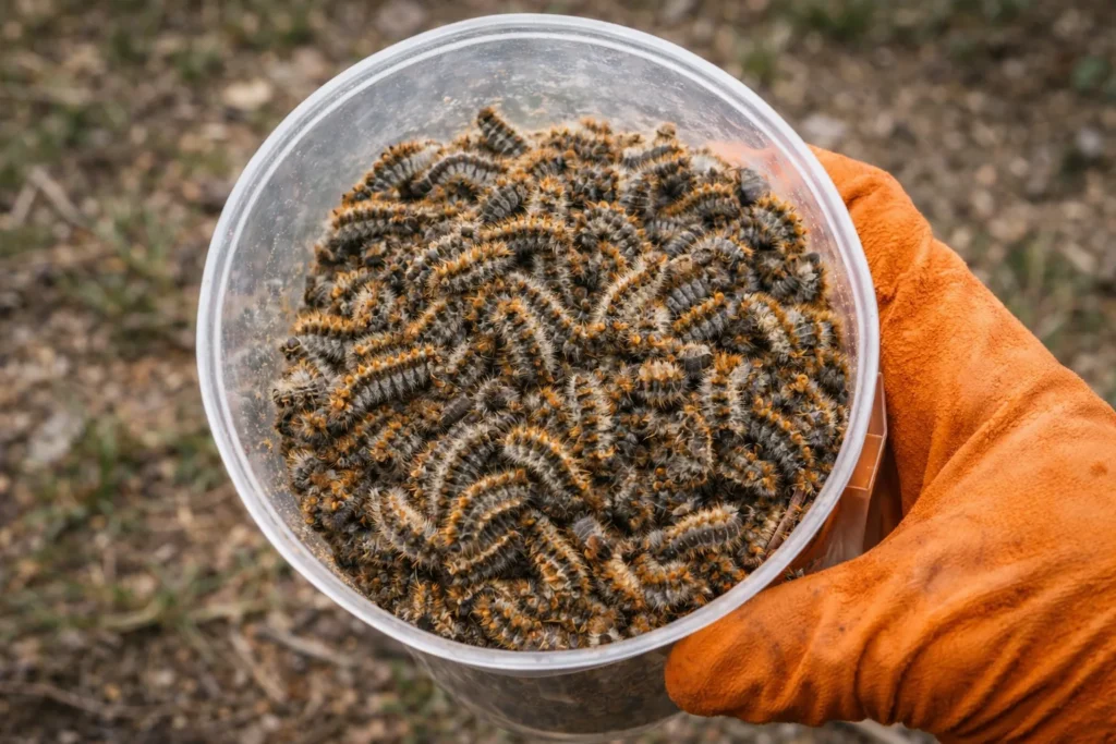Récipient de piège rempli de nombreuses chenilles processionnaires, tenu avec des gants de protection.