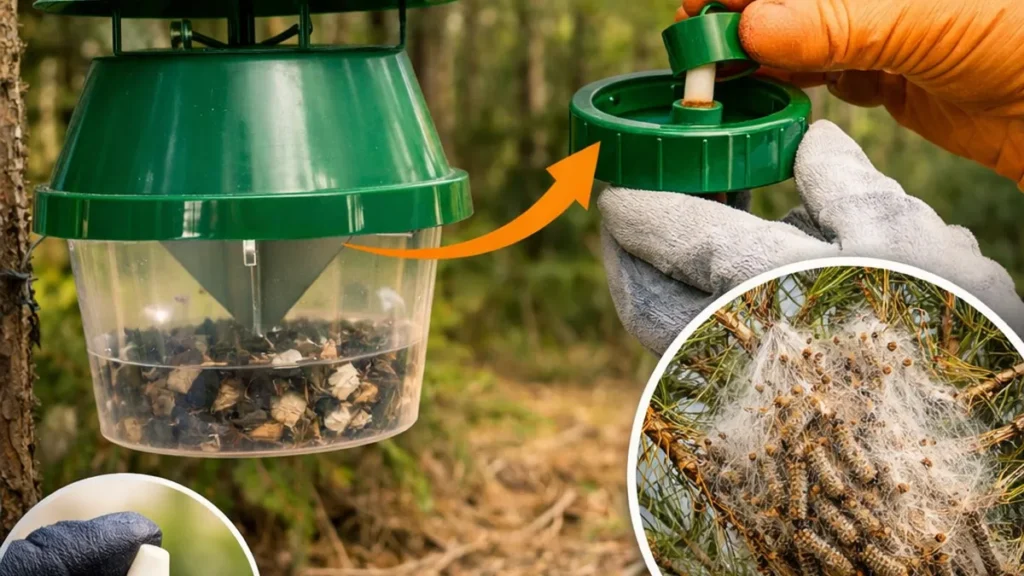 Installation d’un piège à phéromones sur un pin : insertion de la capsule d’attractif pour capturer les papillons de chenilles processionnaires.