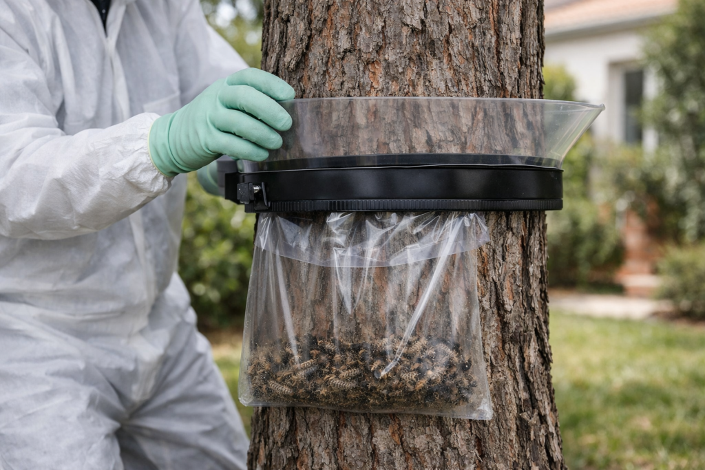 Technicien posant un collier écopiège sur un pin (piège chenille processionnaire).