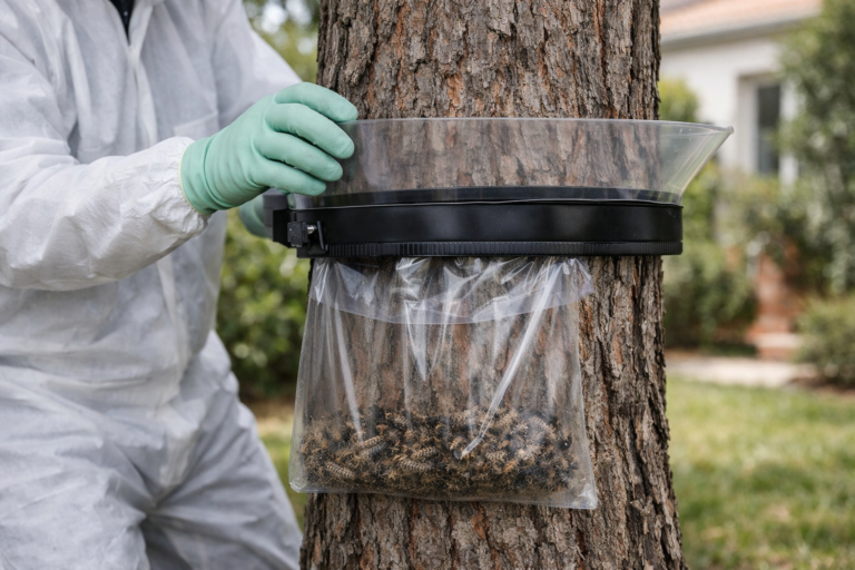Technicien posant un collier écopiège sur un pin (piège chenille processionnaire).