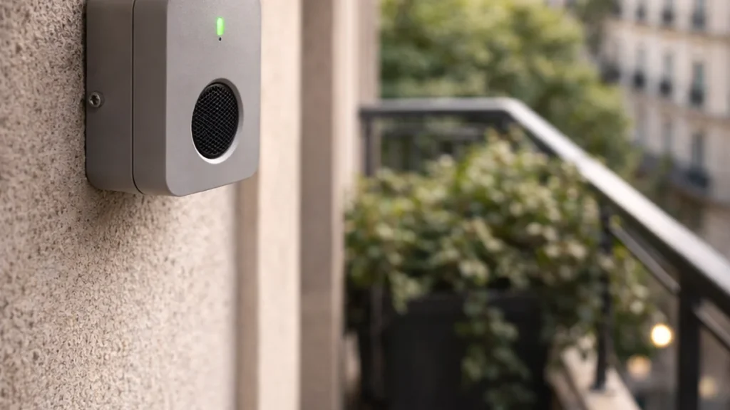 Appareil à ultrasons anti-pigeons fixé sur le mur d’un balcon en milieu urbain.