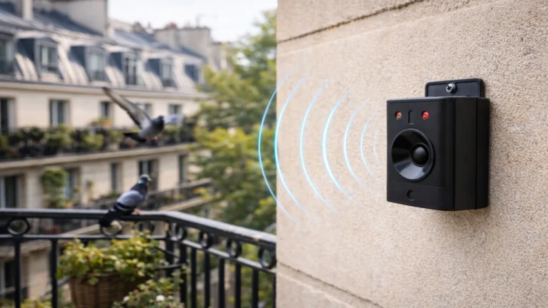 Appareil à ultrasons anti-pigeons fixé sur un mur extérieur avec pigeons à proximité.