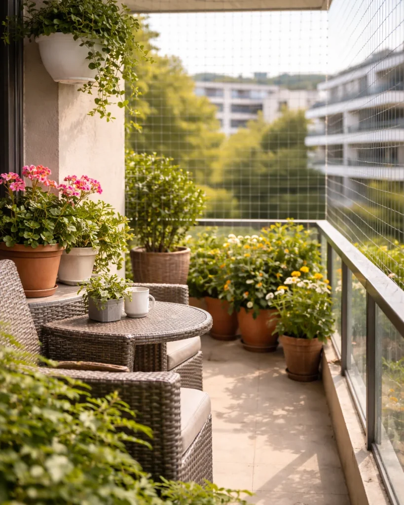Balcon résidentiel propre avec plantes décoratives et filet anti-pigeons discret installé le long de la rambarde.