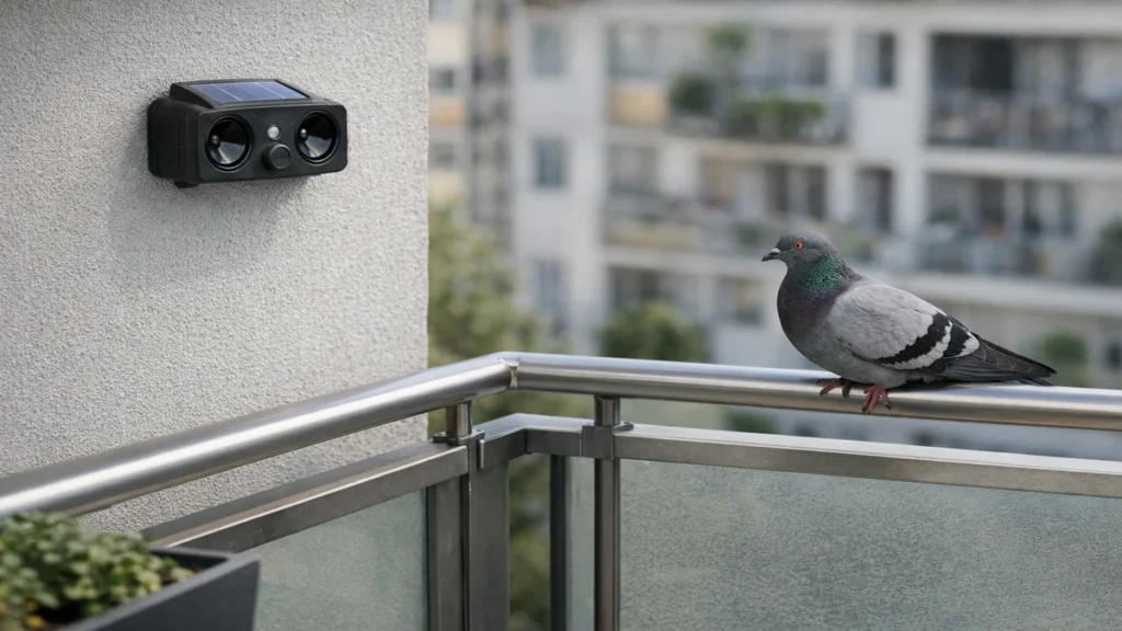 Pigeon posé sur un balcon moderne malgré la présence d’un appareil anti-pigeon à ultrasons fixé au mur.
