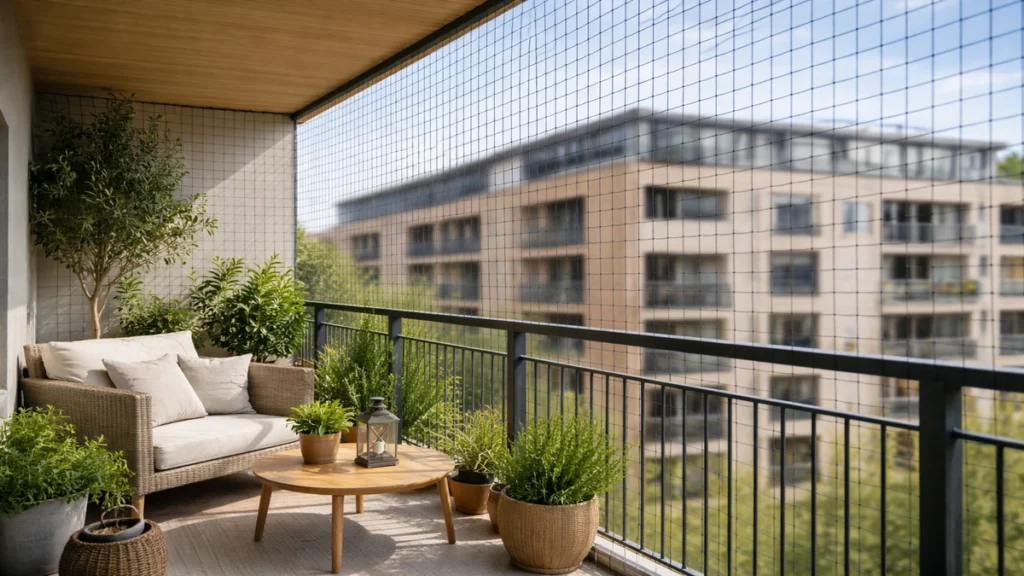Balcon moderne protégé par un filet anti-pigeons installé du plafond à la rambarde.