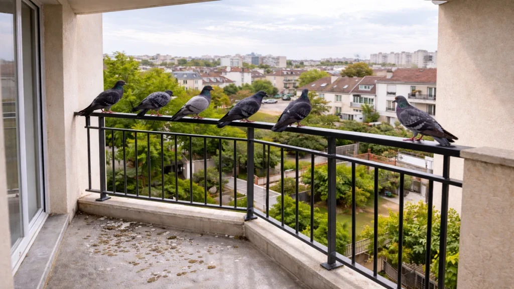 Petit balcon en grande couronne avec plusieurs pigeons sur la rambarde et des fientes au sol.