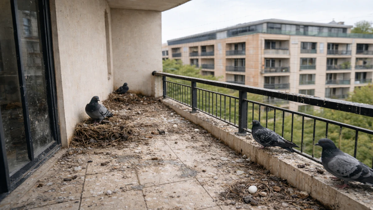 3️⃣ Balcon fortement infesté (avant intervention) Concept : Balcon avec fientes, nids et pigeons présents. 🎯 Objectif : Montrer pourquoi un nettoyage/dépigeonnage est nécessaire. 💡 Message : “Plus l’infestation est importante, plus le coût peut augmenter.”