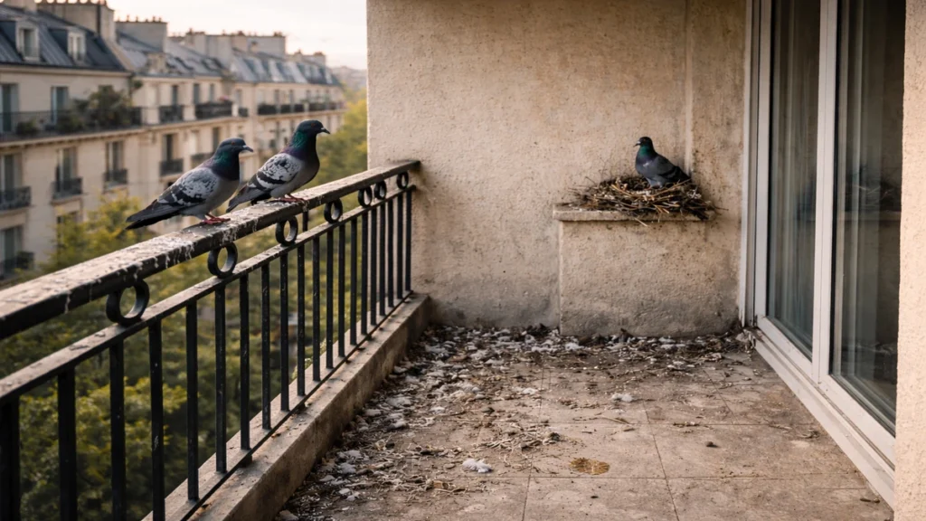 Petit balcon urbain fortement souillé par des fientes de pigeons avec présence d’un nid dans un angle.