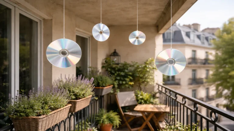 CD suspendus au plafond d’un balcon pour tenter d’éloigner les pigeons grâce aux reflets lumineux.